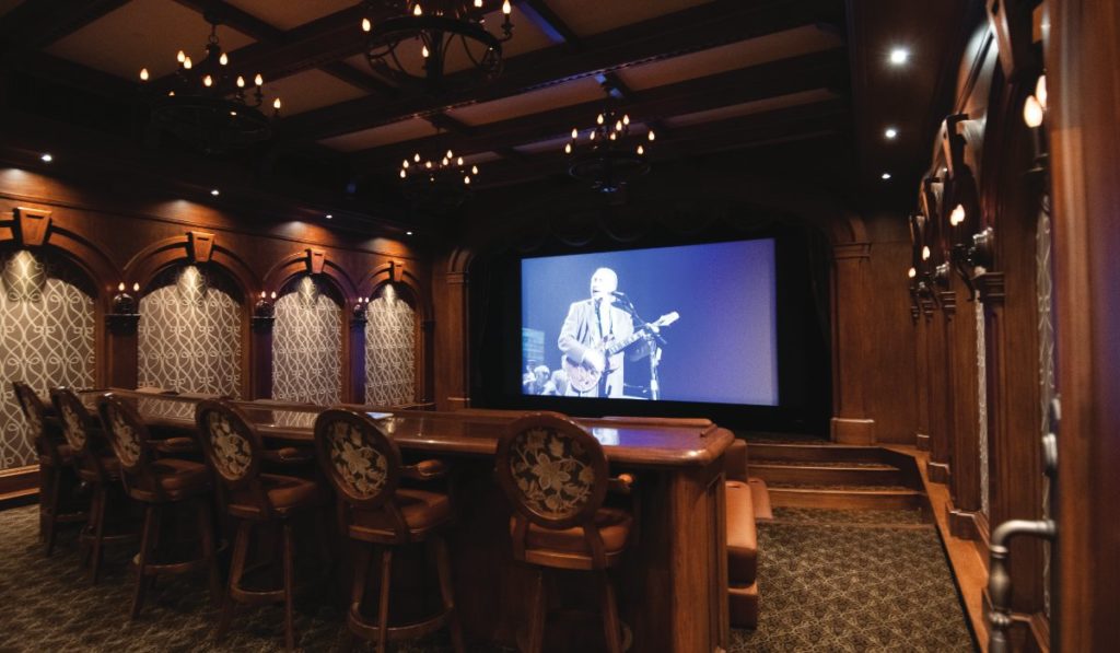Keith Yates Design Home Theater System Inspired by Italian design with Trinnov pre-amplifier and Dolby Atmos surround sound.