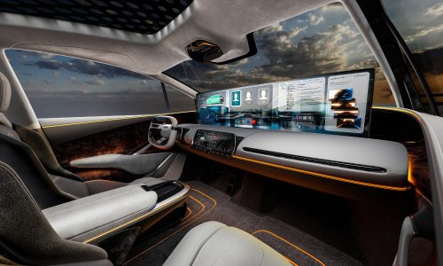 Interior of the AEHRA SUV showcasing the home theater layout.