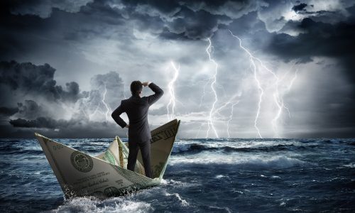 Man in dollar boat heading towards stormy times, economic recession, tribulations
