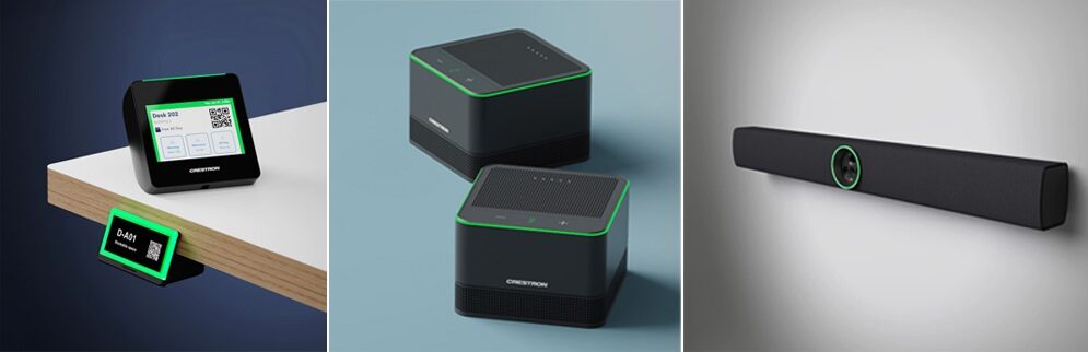 From left to right: Crestron Desk Touch, Crestron Flex Pods, Crestrong Videobar 70.