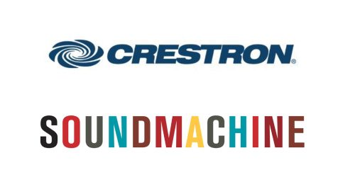 Crestron SoundMachine logos denoting new integration for commercial music streaming.