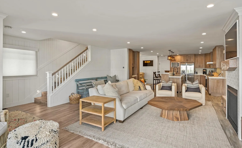 Modern living room area fresh wooden cabinets Audio Impact Pacific Beach California
