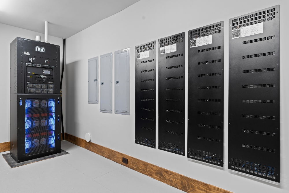 Server room holding control racks for home audio and lighting systems