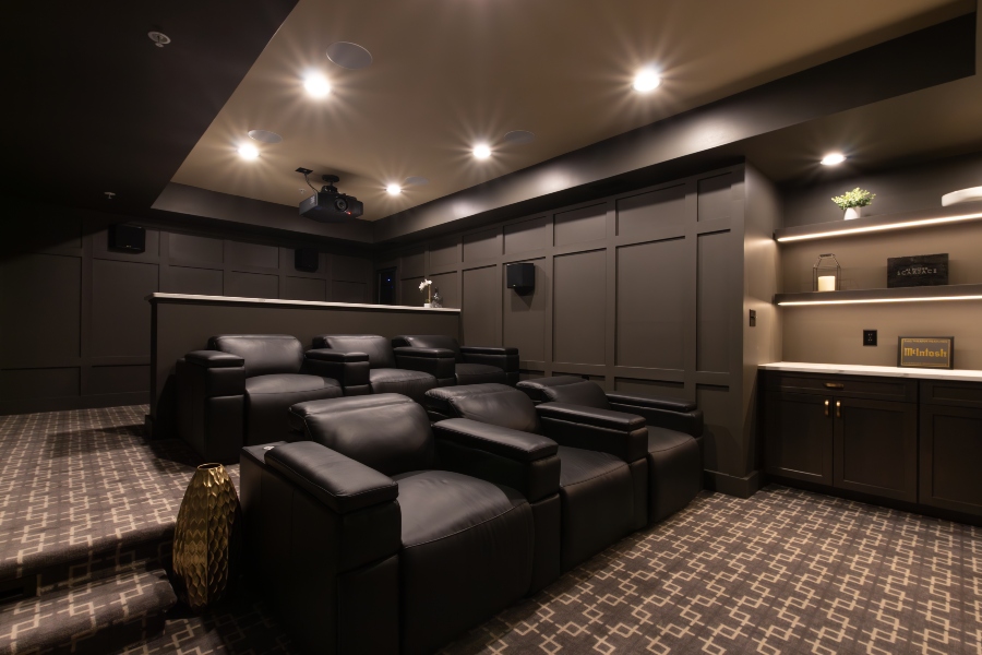 Custom home theater back bar by Gramophone in Bowie, Maryland home.