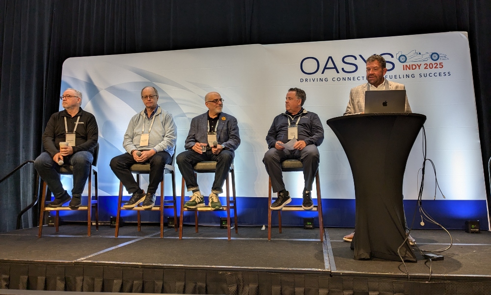 From left to right Jeff Costello of Nice, Dennis Holzer of Powerhouse Alliance, Mitch Klein of CEDIA, and Greg Simmons of ADI/SnapOne