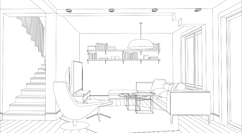 Design illustration sketch featuring home technology elements meant to highlight the recontextualization technology needing to be design-first in implementation.