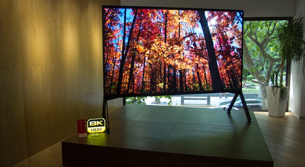 Shanghai, China - Aug 17, 2019: A 98-inch SONY 8K HDR TV on display in a SONY retail store in downtown Shanghai.